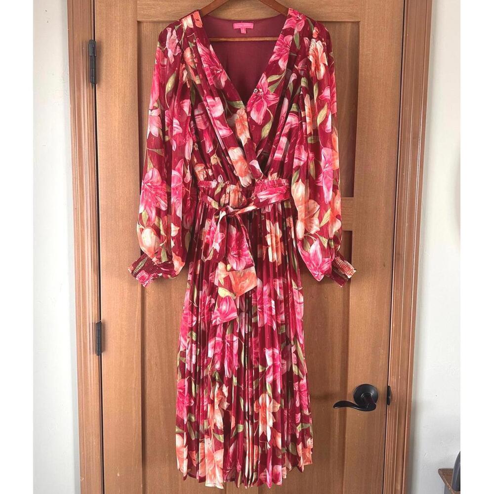 Flying Tomato Pink Floral Long Puff Sleeve Tie Waist Maxi Dress Women’s Small